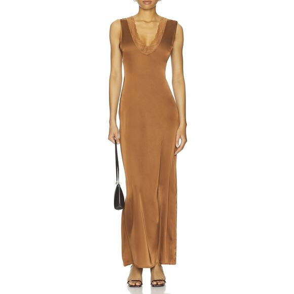 Lioness Dresses & Skirts - Lioness NWT Simi Umber Brown Satin Lace Trim Maxi Slip Dress Large